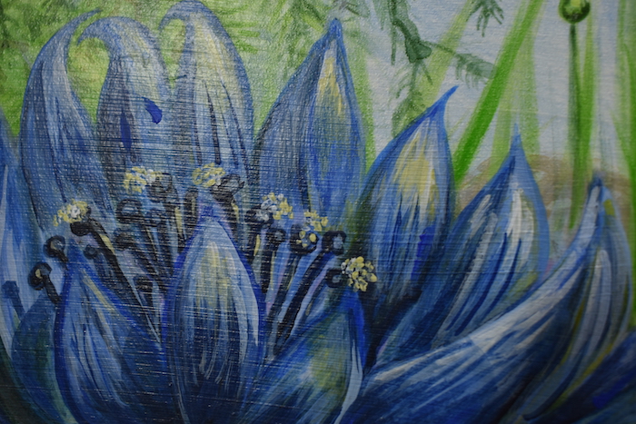 venema bachelor button acrylic on board